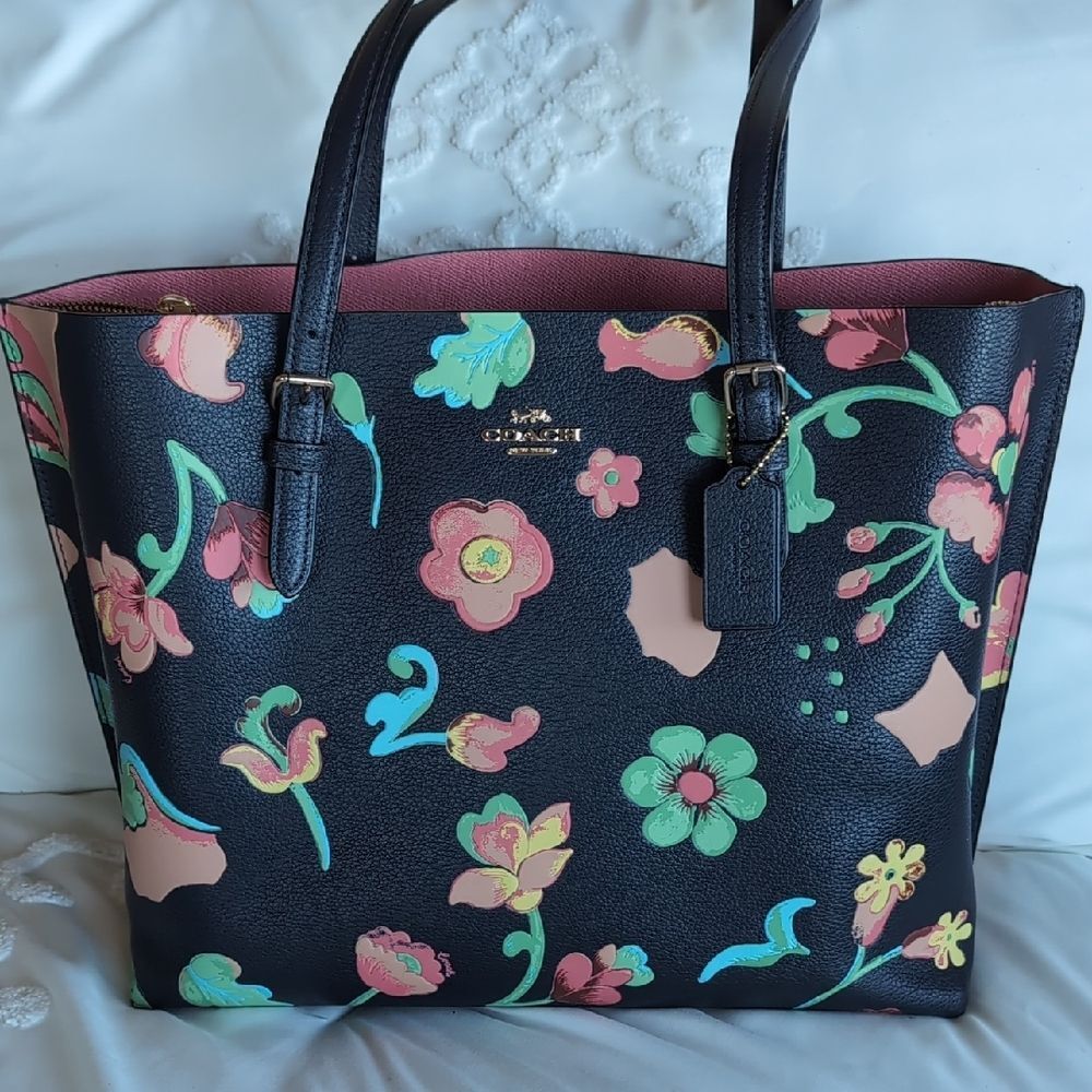 Coach 🌸 MOLLIE Floral Dreamy Land Print Leather Tote In Midnight - Picture 1 of 17